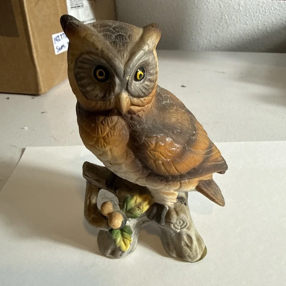 Vintage 5 In Owl Figurine Perched on Branch. Lightweight Statue